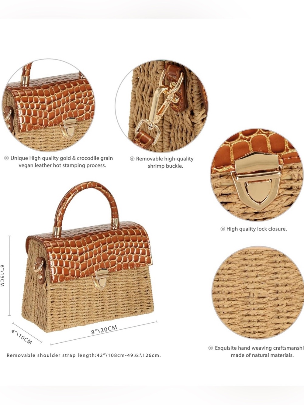 Vegan friendly faux croc crocodile leather rattan straw bohemian hand bag purse - Picture 5 of 7